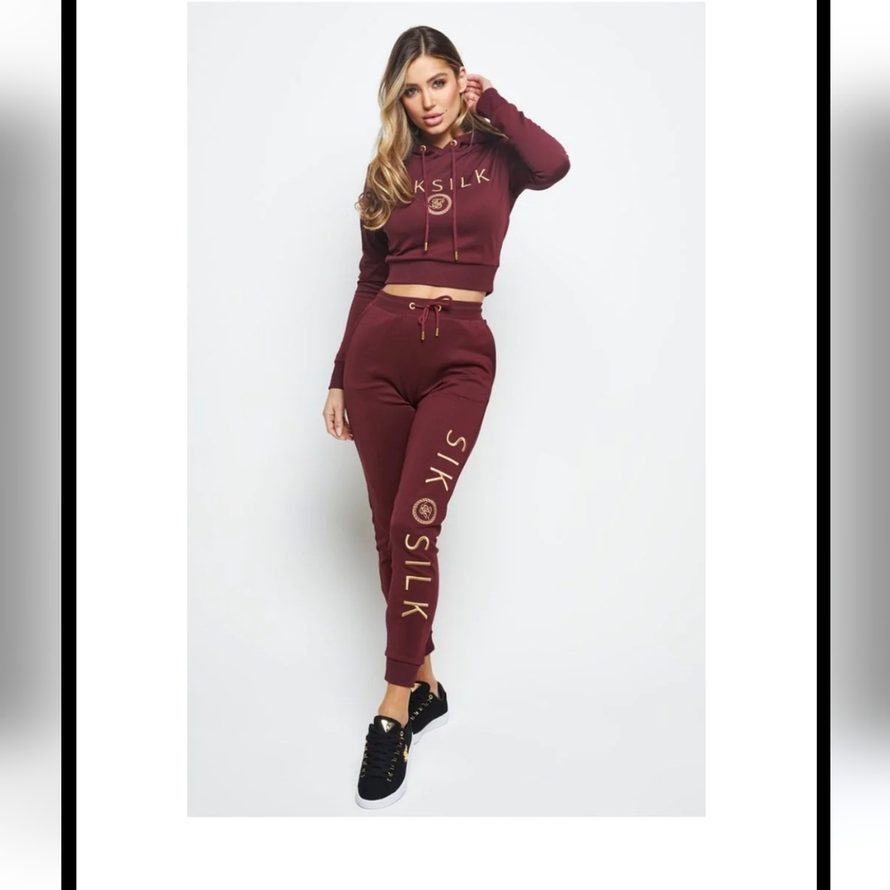 Siksilk Eyelet Mesh Burgundy Cropped Track Top  Size 6